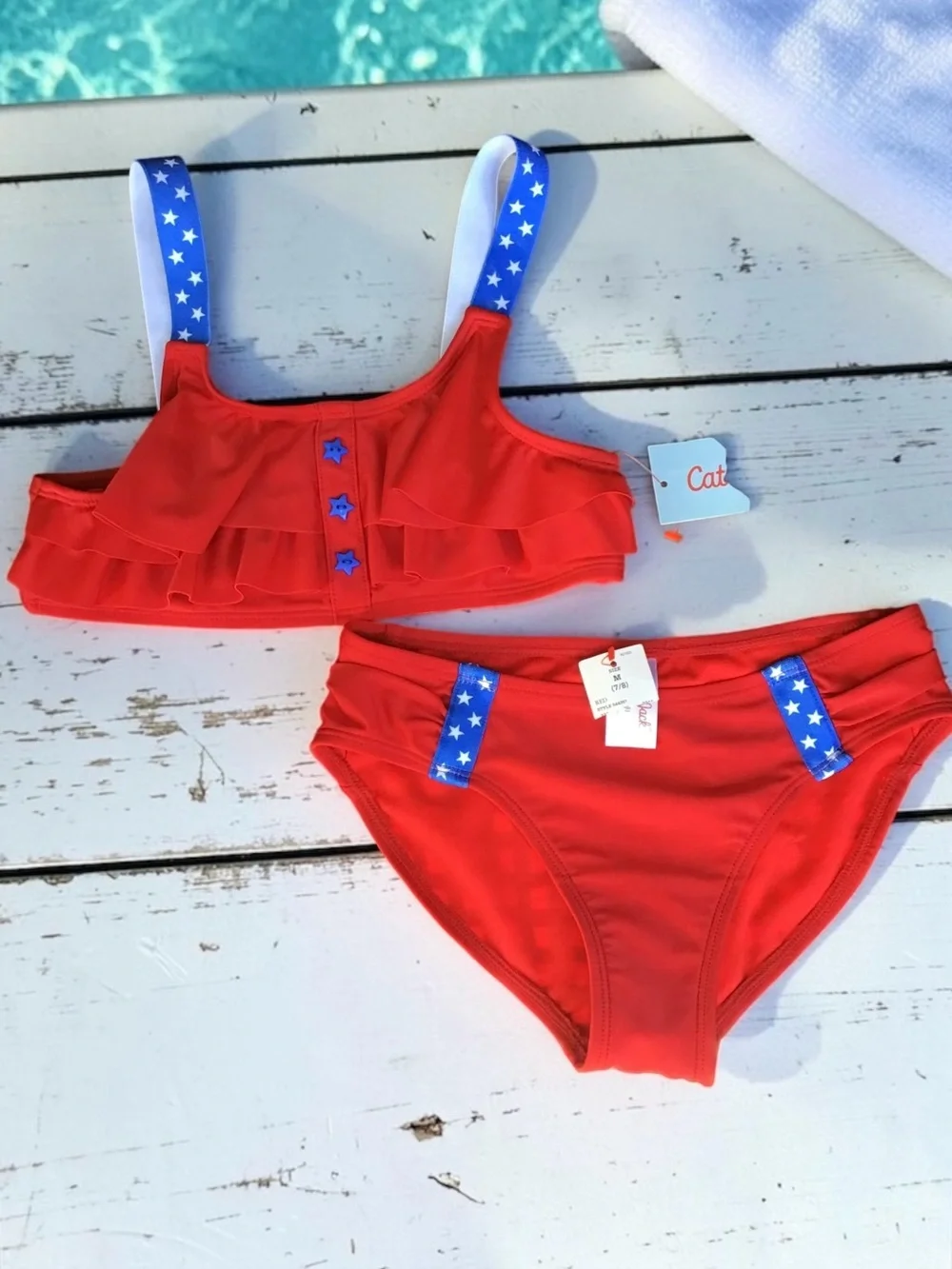 NWT Cat & Jack Girl's Ruffle Red White & Blue Two-Piece Bikini Swimsuit-Size 7-8